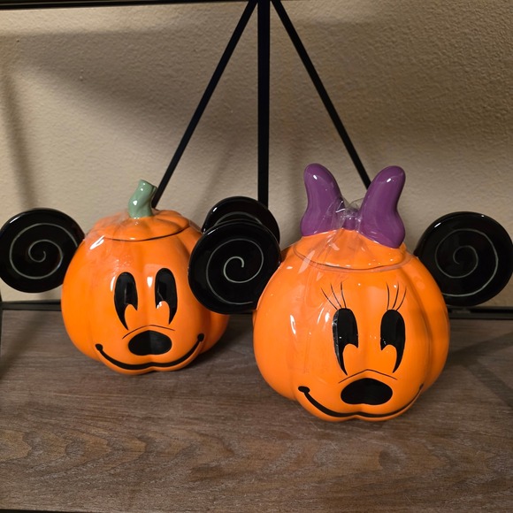 Disney Halloween Mickey & Minnie Mouse Pumpkin Ceramic‎ Jar Cookie Jar Set